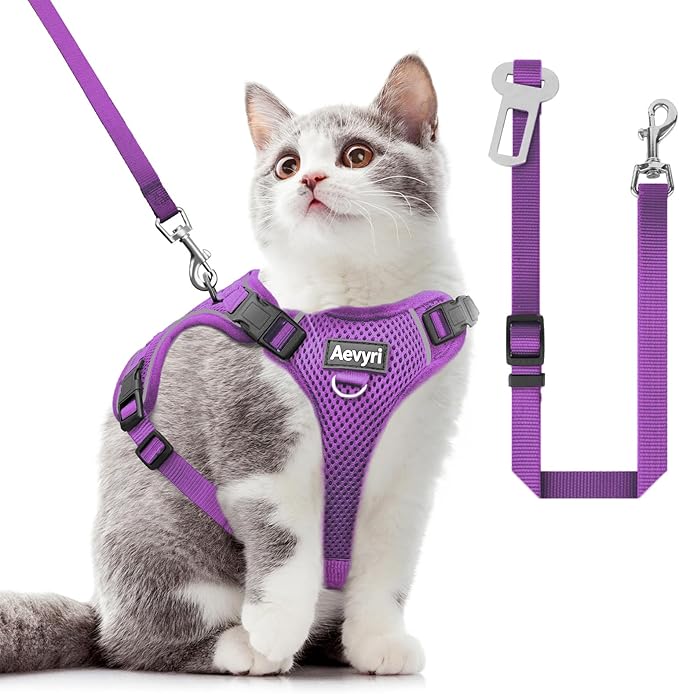 Cat Harness and Leash for Walking, The Upgrade Can be Adjusted in Four Directions and Breathable Cat Harness for Anti Escape that can be Fitted and Positioned, Reflective Strips Harness, Purple, XS