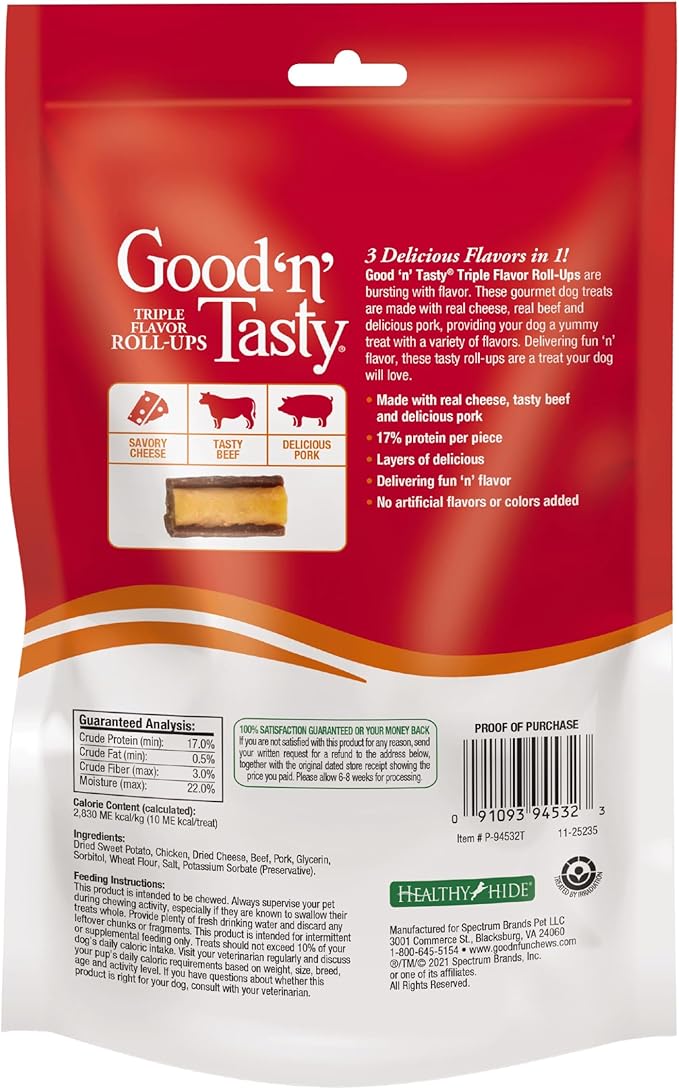 Good'n'Fun Good 'n' Tasty Triple Flavor Roll Ups 4 Oz Cheese,Beef,Pork,(Pack of 4)