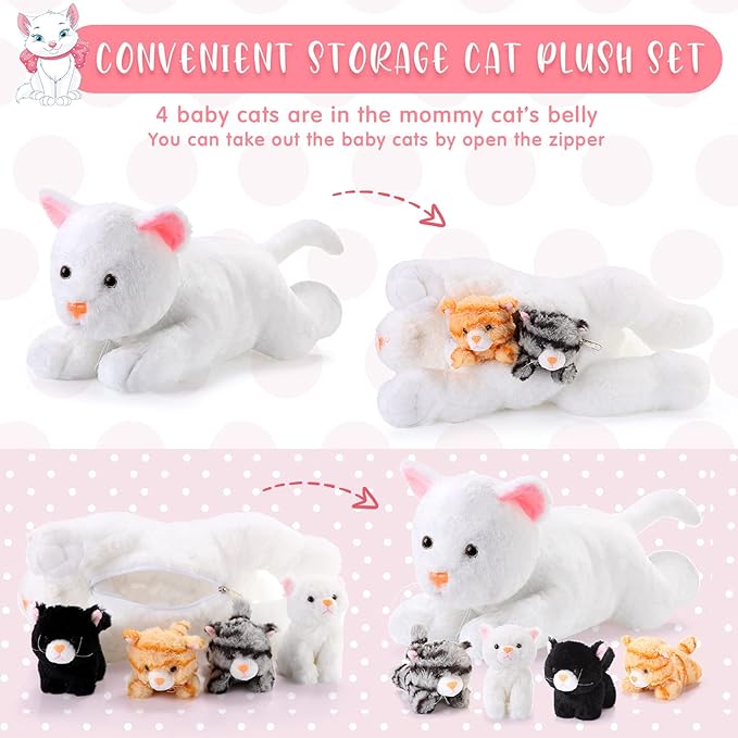 Skylety 5 Pieces Cat Stuffed Animal with Babies Inside Belly Plush Cat Pregnant Mommy Kitty with 4 Cute Fluffy Stuffed Kittens Christmas Birthday Surprise Gifts(White)