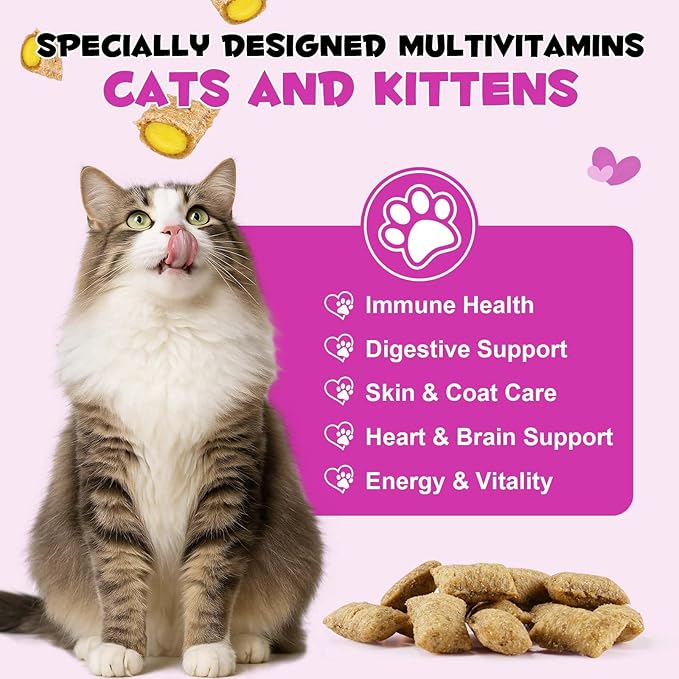 Cat Vitamins Treats, 15 in 1 Cat Multivitamin Chews Vitamins with Taurine, Omega Fatty Acids, Prebiotics for Health, Bones, Joint, Skin & Coat, Digestion, Immune Support(30 Day Supply)-2PCS