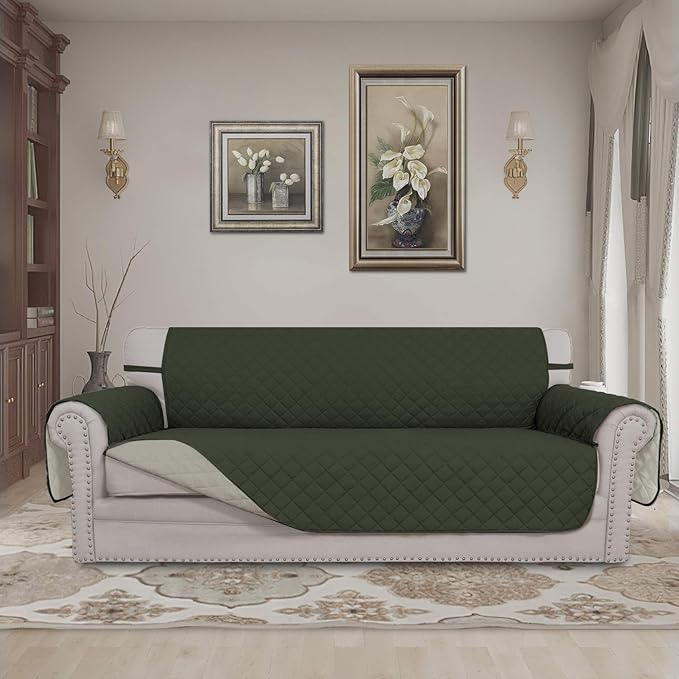Easy-Going Reversible Couch Cover for 3 Cushion Couch Sofa Cover for Dogs Water Resistant Furniture Protector Cover with Foam Sticks Elastic Straps for Pet Cat (Sofa, Army Green/Beige)