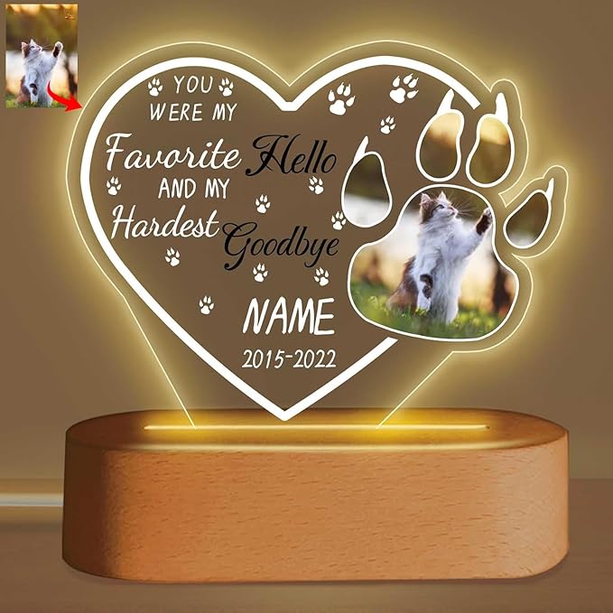 Personalized Pet Night Light Customized Dog Memorial Gift Picture Frame Acrylic Plaque Led Lamp Cat Sympathy Gift for Loss of Pet(Cat Paw Heart)