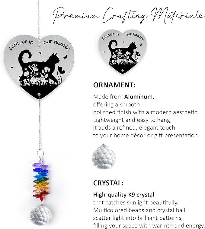 Aluminum Ornament Suncatcher - Floral Cat Silhouette - Sympathy Gift for Loss of Cats - Christmas Mother's Day Father's Day Birthday Gifts for Women, Men - Heartfelt Keepsake for Cat Lovers