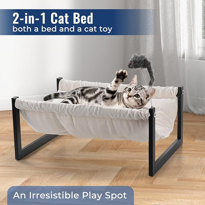 Elevated Cat Bed for Indoor Cats - Machine Washable, 360° Surround Sight, Rust-Resistant Frame with Toy - Effortless Setup, Comfort Mattresses (Thick)