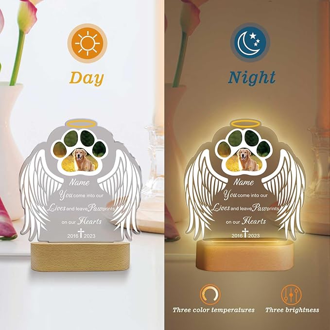 Custom Pet Memorial Night Light Gift Personalized Dog Cat Acrylic Plaque Photo Frame Sympathy Gift Condolence Gifts with Picture Name Date(Dog Paw Wing), 5.9x5.9in/7.8x7.8in