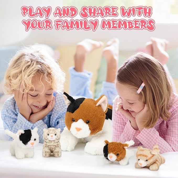 Skylety 5 Pieces Cat Stuffed Animal with Babies Inside Belly Plush Cat Pregnant Mommy Kitty with 4 Cute Fluffy Stuffed Kittens Christmas Birthday Surprise Gifts(Orange, Black, White)
