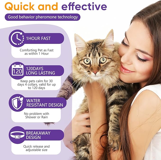 Cat Calming Collar, 6-Pack Pheromone Collars for Cats – Adjustable 15″, Up to 4 Weeks Lasting Stress & Anxiety Relief, Helps Reduce Noise Fear, Scratching & Separation Anxiety（Pruple）