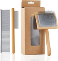 Ergonomic Slicker Brush for Long-Haired Dogs - Wooden Handle, Long Pins for Grooming Goldendoodles