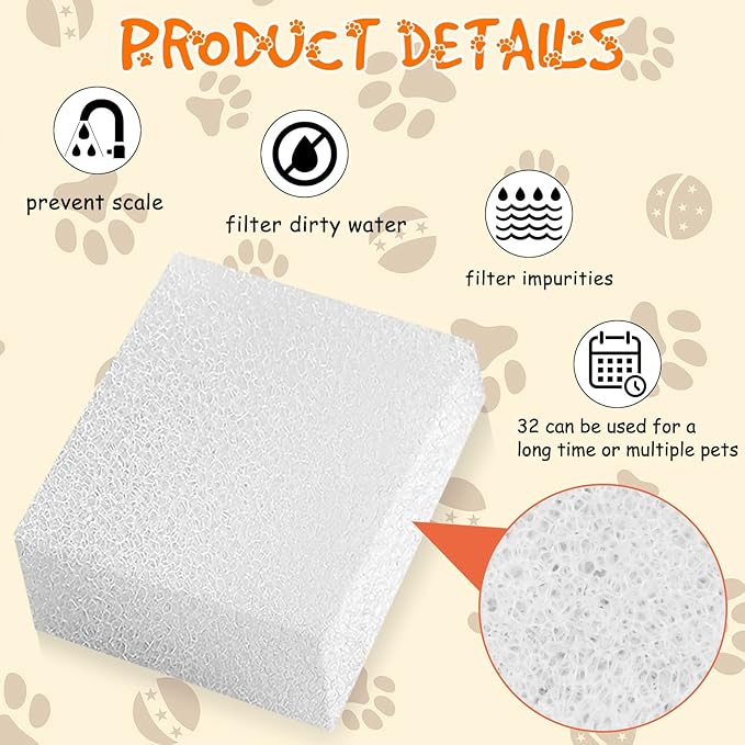 32 Pcs Pet Replacement Sponge Filters Pet Fountain Filter Foam for 67oz/ 2L Dog Cat Water Fountain Filters Pet Fountain Replacement Foam Sponge Pre-Filters for Multiple Pet Fountain