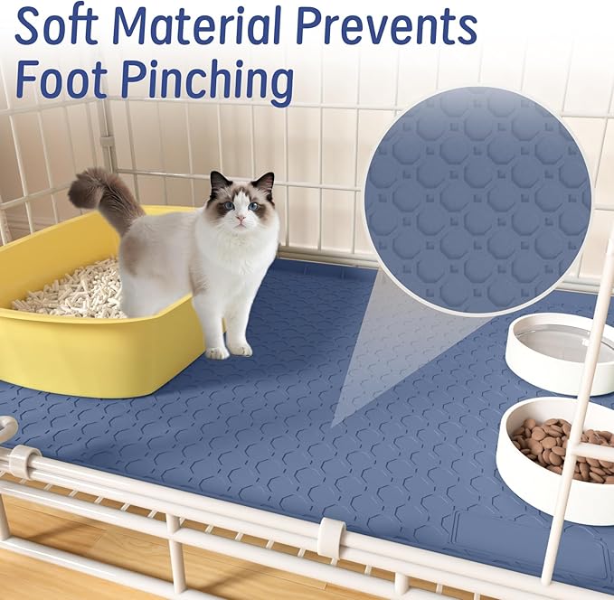 Silicone Large Cat Litter Mat 34" X 22", Cat Mat for Litter Box, Cats Litter Trapping Mat, Non-Slip and Waterproof, Raised Edges, Blue