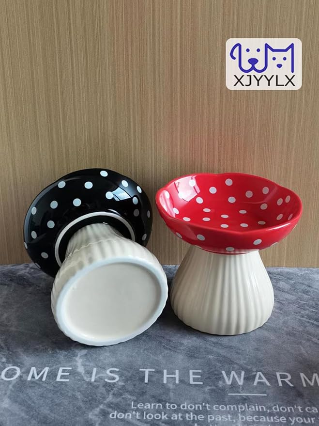 Ceramic Raised Mushroom Cat Bowl Set, Cute Elevated Whisker Friendly Dish for Food and Water, Red+Black 6" Wide for Adult Cats, Small Dog