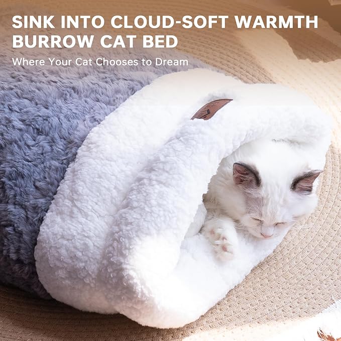 Cat Cave 4 in 1 Cat Sleeping Bag Cute Self Warming Cat Bed Cave with Plush Portable Snuggle Sack/Hideway for Indoor Cats & Small Pets Grey 21×17 Inch