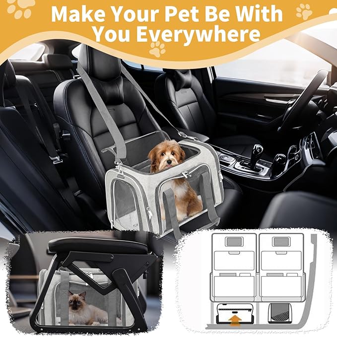 Soft-Sided Cat/Dog/Pet Carrier, Collapsible Pets Travel Carriers for Big Cats/Small Dogs with Shoulder Strap & Removable Mat, Mesh Puppy Carry Bag, Up to 16 Lbs, TSA Airline Approved(Beige)