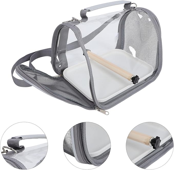 SUPVOX Portable Small Bird Travel Carrier Cage for Parakeets and Conures with Standing Perch, Lightweight Handheld Bird Transport Bag for Travel and Outdoor Use, Gray