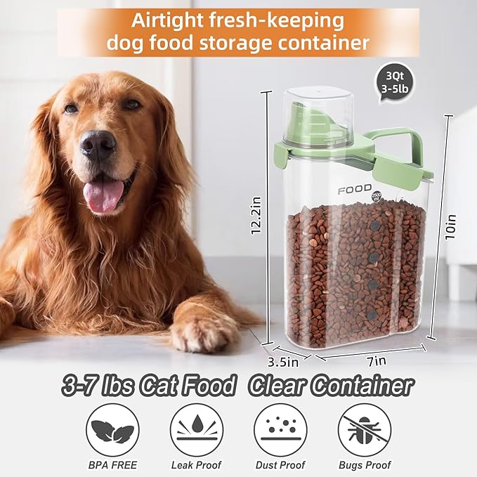 Dog Food Storage Container, Upgraded Large Nozzle BPA-free, 3-5 LBS Plastic Pet Food Storage Containers, With 3 Sealed Clasps, 1 Measuring Cup and Handle (Bright Green)