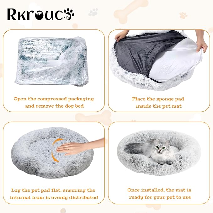 Fluffy Dog Bed Calming Donut Beds for Large Dogs Warming Round Small Medium Pet Nest Cozy Cat Mattress Indoor Washable Puppy Kennel Kittens Sleep Mat (S, 23.6×23.6 inch, Light Gray)