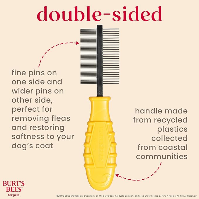 Burt's Bees for Pets Dual Sided Flea Comb with Handle Made from Recycled Plastics Collected from Coastal Communities, 2-in-1 Grooming Tool for Dogs, Dog Comb Removes Fleas & Flea Eggs