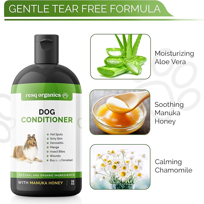 Hypoallergenic Dog Coat Conditioner- Detangles & Softens Fur, Calms Itching & Dryness, Organic Aloe Vera & Manuka Honey Soothes The Skin, Reduces Dandruff, Shedding, Scratching and More.