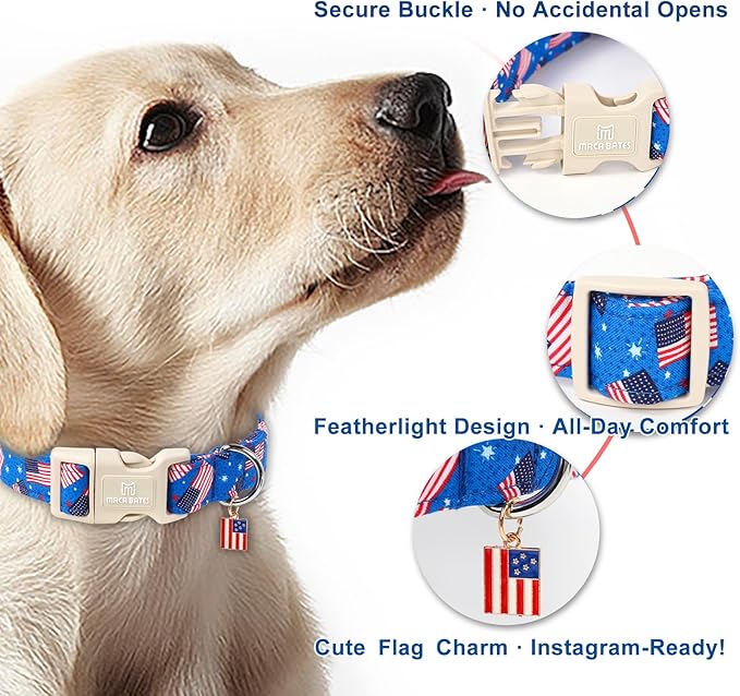 Maca Bates American Flag Basic Dog Collar with Safety Buckle 4th of July Patriotic Dogs Collars Adjustable Soft Blue 4 of 7 Independence Day Gift for Small Medium Large XL Boy Girl Male Female Puppy
