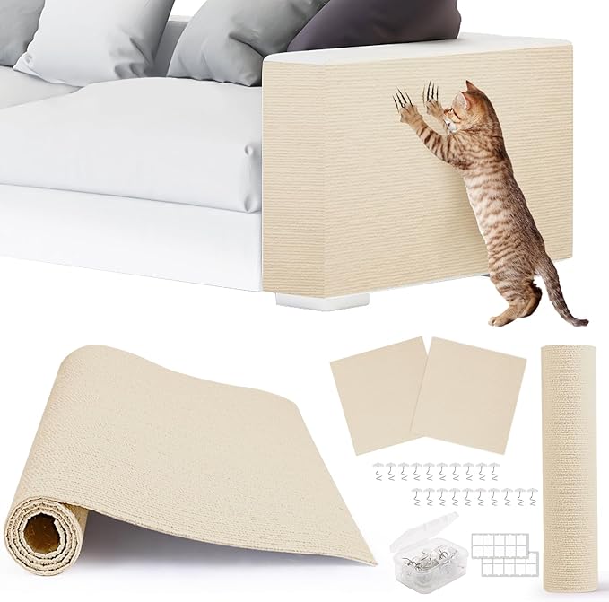 4pack Cat Scratch Couch Furniture and Wall Protector | Adhesive Cat Scratch Pad for Covering Cat Tower, DIY Climbing Cat Scratcher Couch Protector from Cat Claws Scratching (Off-White)