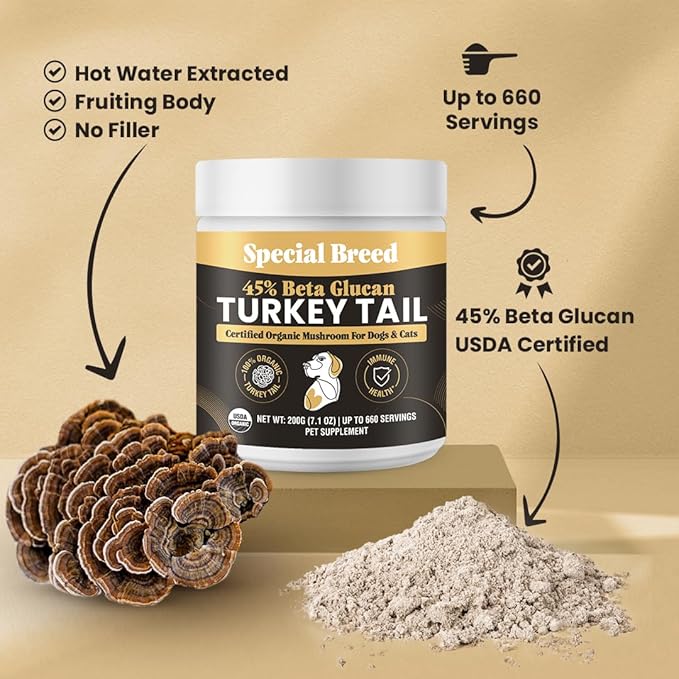 Organic Turkey Tail Mushroom for Dogs and Cats, 45% Beta Glucan Standardized, Hot Water Extracted Whole Fruiting Body, Third Party Tested, Immune and Gut Support, No Fillers, Made in USA, 660 ct