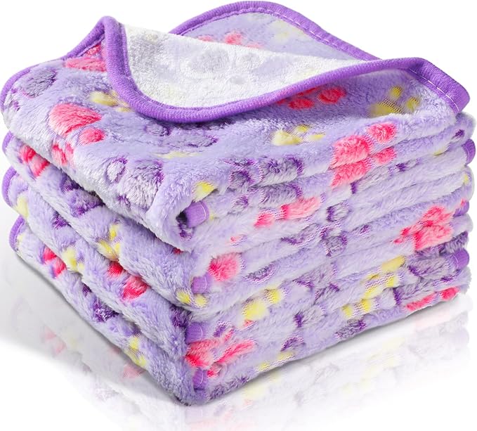 Tatuo 4 Pcs Dog Blanket for Pet Puppy Teething Toys Paw Print Fleece Blanket for Pet Cat Soft Warm Sleep Mat Guinea Pig Cage Mat (Medium(30 x 20.5 Inch),Purple)