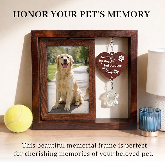 Dog Cat Memorial Picture Frame with Two Pet Shaped Hair Keepsake Bottles, Rotating Wooden Frame for 4x6 Photo, Loss of Dog Sympathy Gift, Pet Memorial Gifts