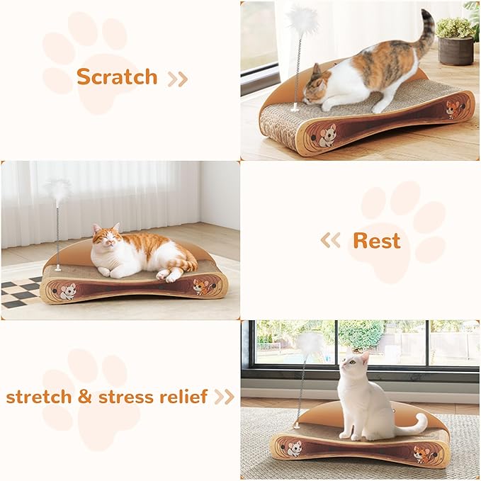 Cat Scratcher Lounge Bed, Reversible 2-in-1 Cardboard Scratching Board, Durable Curved Cat Scratch Pad for Indoor Cats with Toy, Cartoon Pattern