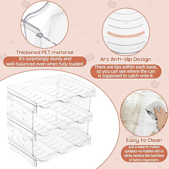 FHTONGE Heavy-Duty Cat Can Organizer for Multiple Sizes, Transparent Wet Cat Food Storage Rack for Pantry Kitchen Cabinet Rridge, 3-Tier Pet Canned Goods Dispenser Shelf Dog Tins Holder Container