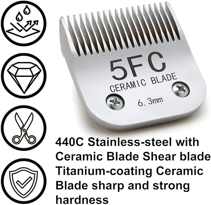 Docal 5FC Silver Detachable Clipper Ceramic Blades, Dog Grooming Clipper Replacement Blades Compatible with Dog Clippers, KM Series Clippers, Size-5FC, 1/4-Inch Cut Length (6.3mm)
