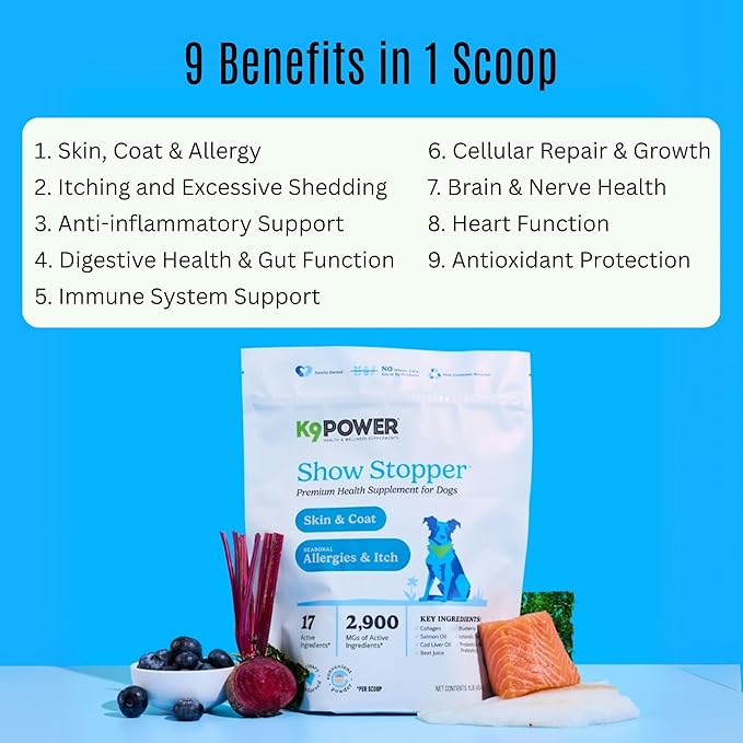K9Power Show Stopper – Awarded #1 Dog Skin & Coat Product – Supports Allergy Relief, Itchy Skin, Shedding, Dull Coat – Salmon Oil, Collagen, Kelp, Zinc, Probiotics, Beet Juice, Vitamin C