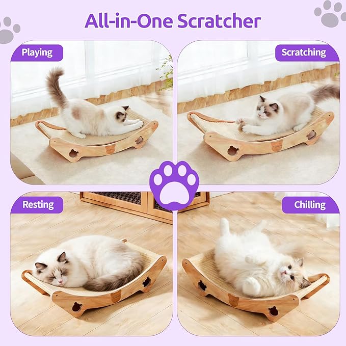 Upgraded Sisal Cat Scratcher Bed, Solid Oak Frame 1.3 cm Thick, 100% Sisal Pad, Curved Scratch Lounger, Stable Base Up to 36 lb, Sofa Protector, Odor-Free, 23.6" x 13.7"
