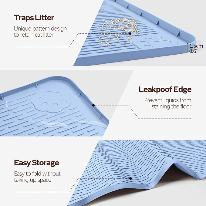 Cat Litter Mat, XXL Extra Large 50" x 35" Silicone Mat Litter Trapping Mat for Scatter Control, Soft on Kitty Paws, Easy to Clean (Blue)
