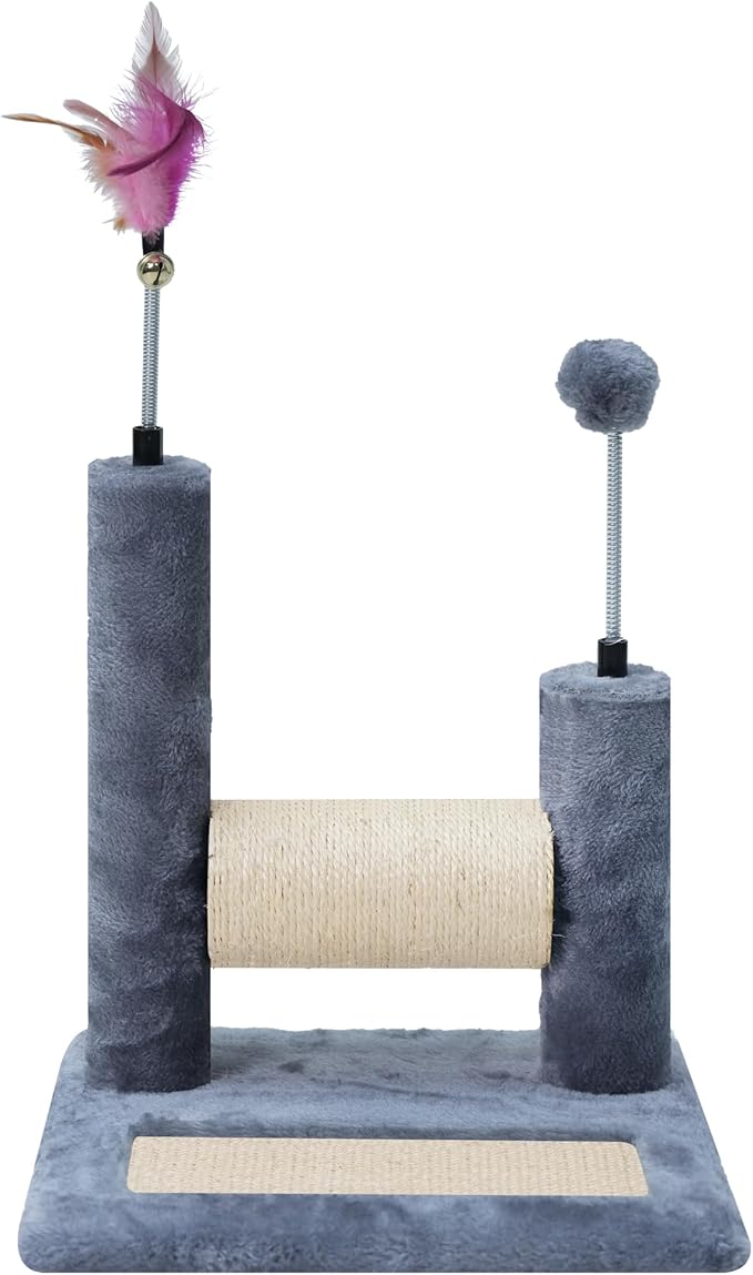 ROYPET Multifunctional Cat Scratching Posts for Indoor Kittens,Cat Scratching Pads for Play and Activity,Scratching Posts with Feather Toys and Spring Hanging Balls,Grey