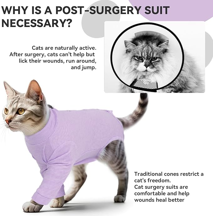 Cat Neuter Surgery Recovery Suit Male, Anti-Licking Cats Spay Recovery Suit Female, Long Sleeve Prevent Shedding Body Suit Post Surgery, Breathable Cone & E Colla Alternative Cat Apparel(Purple, L)
