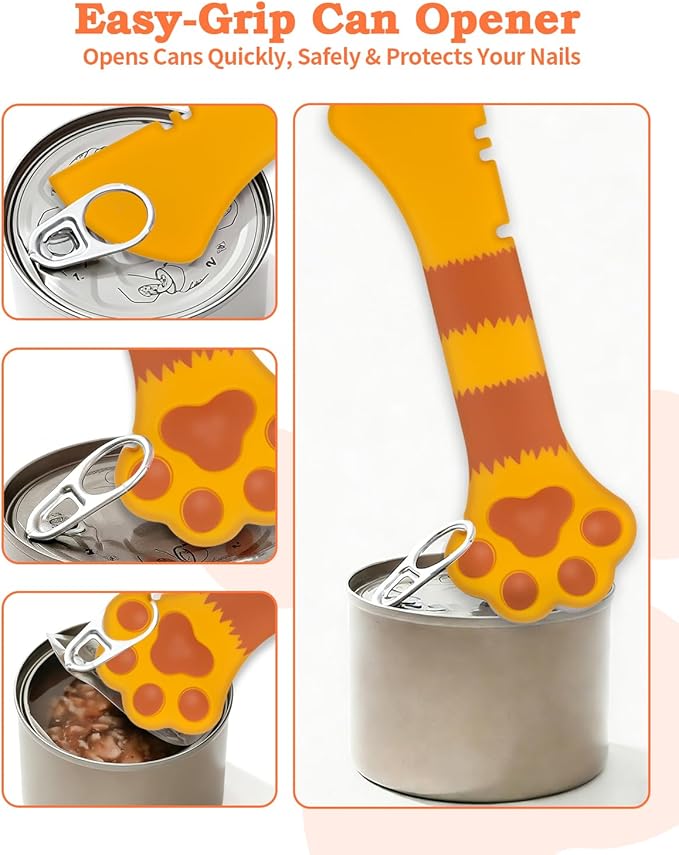6 PCS Cat Food Can Covers Lids Set, Multi-Function Cat Food Spoon & Silicone Storage Lids with Opener, Cat Bar Squeezer, Stainless Steel Wet Food Spoon for Feeding, Storage and Cats & Dogs (Orange)