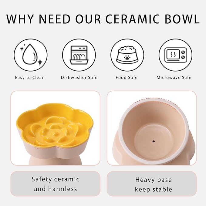 Tilted Cat Bowl, Flower-Shaped Ceramic Slow Feeder Cat Bowl, Raised Pet Bowl for Whisker Relief, Prevents Vomiting & Bloating, Non-Slip Base, Easy to Clean for Dry/Wet Food (Cream & Mint Green)
