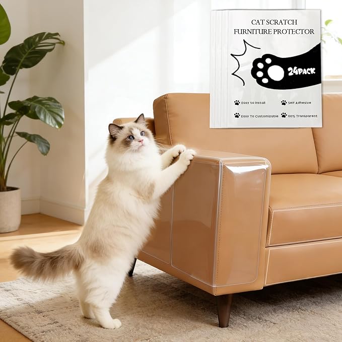 Cat Scratch Couch Protector, 24-Pack Clear Self-Adhesive Furniture Protectors, Anti-Scratch Sofa Guard for Cat Claws, Transparent Pet Deterrent Couch Cover for Chair & Furniture Corners