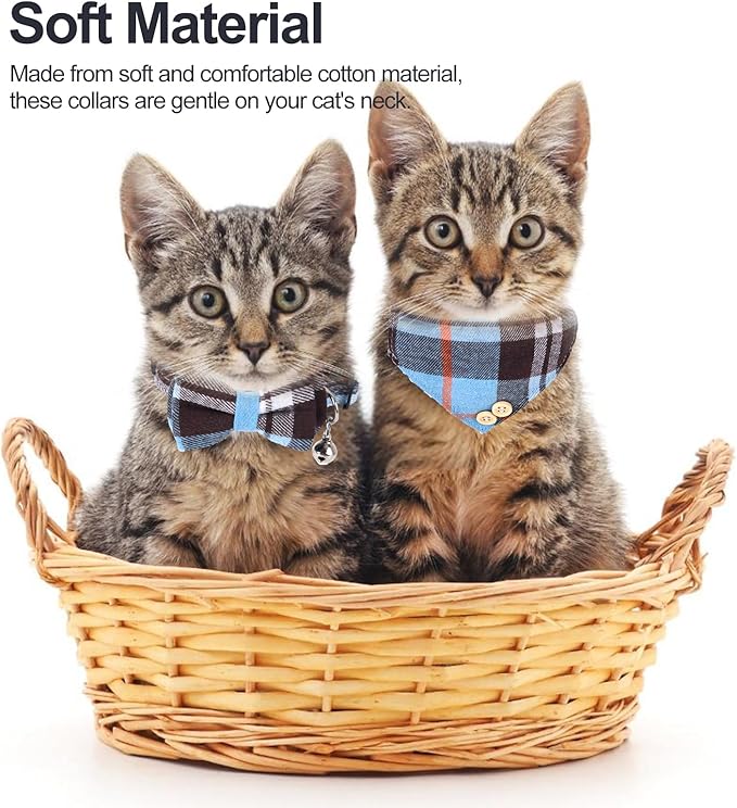 Mini Cat Bandana, Cat Tie Collar, Cats Bandana Collar with Bells and Bowtie, Kitten Bow Tie with Safety Buckle Adjustable Size for Small Cats Boys or Girls, Blue (2 pcs)