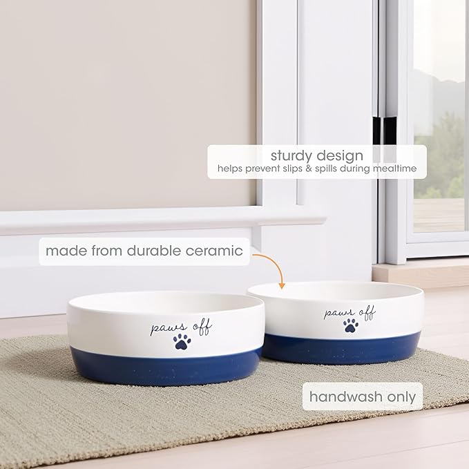 Pearhead Ceramic Cat Bowl – Navy Blue “Paws Off” Design, Holds 12 oz, Stoneware Pet Dish, Non-Skid Feeding Bowl