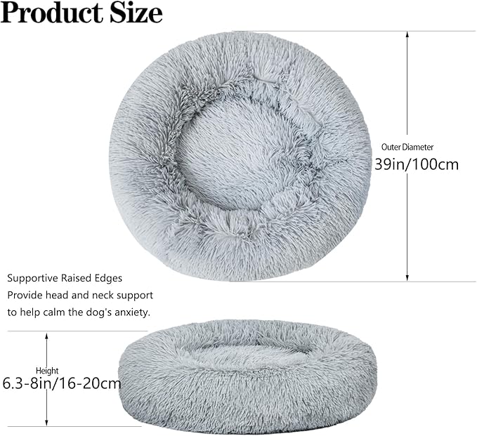 Calming Dog Bed for Big Dogs, 39'' Round Anti-Anxiety Warm Fluffy Plush Faux Fur Bed, Soft Anti-Slip Donut Washable Big Pet Bed, Cozy Big Dogs Bed, Fits up to 100 lbs Pets