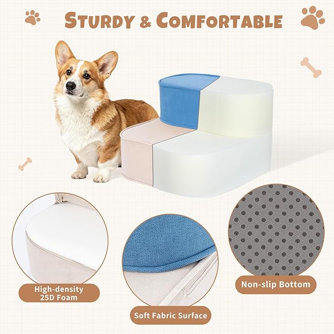 Dog Stairs for Small Dogs, 3 Step Dog Stair for High Bed and Couch, Non-Slip High Density Foam Sturdy Pet Steps with Removable Washable Cover for Older Cat