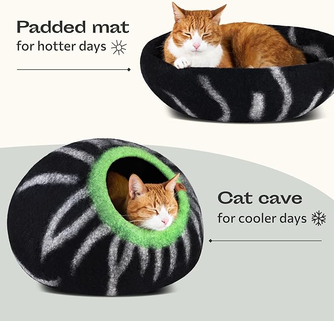 MEOWFIA Cat Cave – Premium Felt Cat Bed for Indoor Cats, Handmade Merino Wool (Shining Tiger, Large)