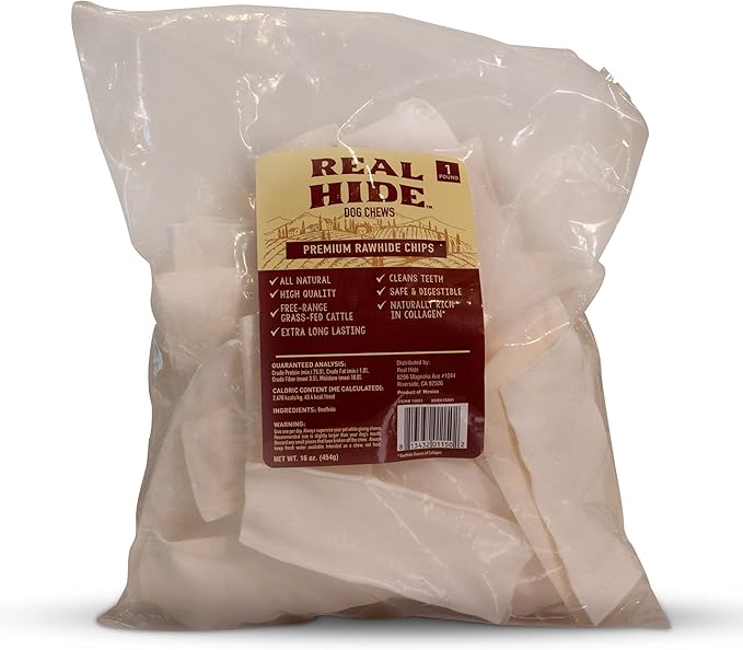 | All Natural Dog Chew Treats - Premium Rawhide Chips - Long Lasting Grass Fed Free Range Beef Hide - Small/Medium/Large Dogs - 1 Pound