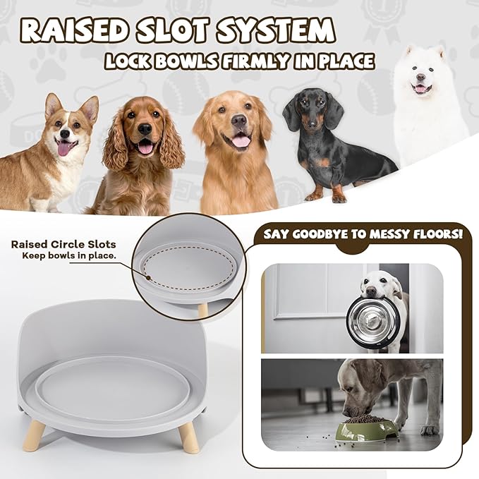Raised Dog Feeder Bowl Stand - Elevated Dining Table for Medium and Large Dogs - Fits Food and Water Dish up to 8" Diameter - Grey (Bowl Not Included)