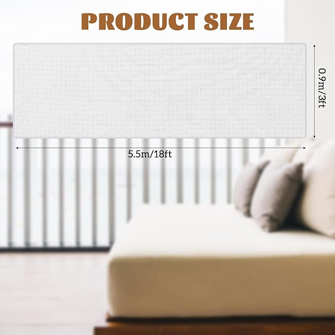 Hosuly Banister Guard 18 x 3 ft Balcony Netting for Kids Pets Stairway Safety Net Baby Fence Door Balcony Netting Safety Mesh Stair Net with No Drilling for Apartment Railing(White)