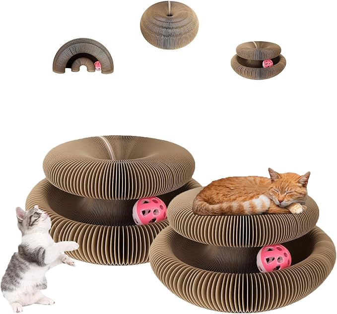 2PCS Interactive Cardboard Cat Toys,Cat Scratching Board with A Ball,Shape Shifting Accordion Cat Scratcher Toys with Different Shapes,Magic Kitten Scratcher Pads for Indoor