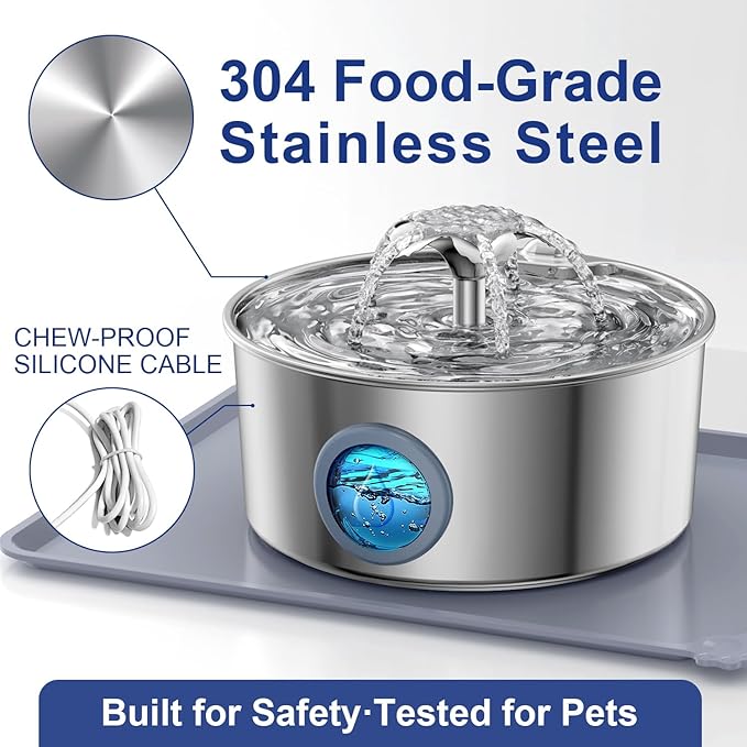 LucidShine 108oz/3.2L Stainless Steel Cat Water Fountain with 4 Replacement Filters(Up to 4-Month Supply, Ultra Quiet Automatic Pet Water Dispenser, Dishwasher Safe Metal Bowl for Cats & Dogs