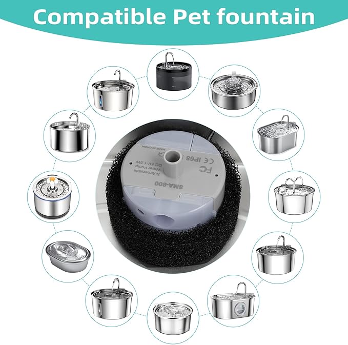 Ultra-Quiet Replacement Pump for Stainless Steel Cat Water Fountains - SMA-800 Motor - Safe and Easy to Clean with Low Voltage DC 5V and USB Cable (Pump) (Bottom Pump+Brush)