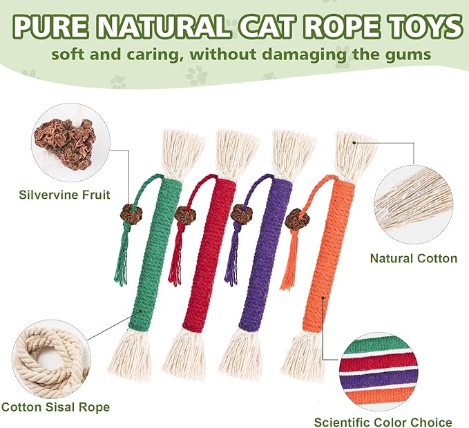 WOUSEDO 8 Pack Catnip Chew Toys for Cats,Cotton Sisal Rope Toys,Cat Natural Silvervine Sticks,for Cat Teeth Cleaning and Dental Care,Interactive Toy for Bored Indoor Cats